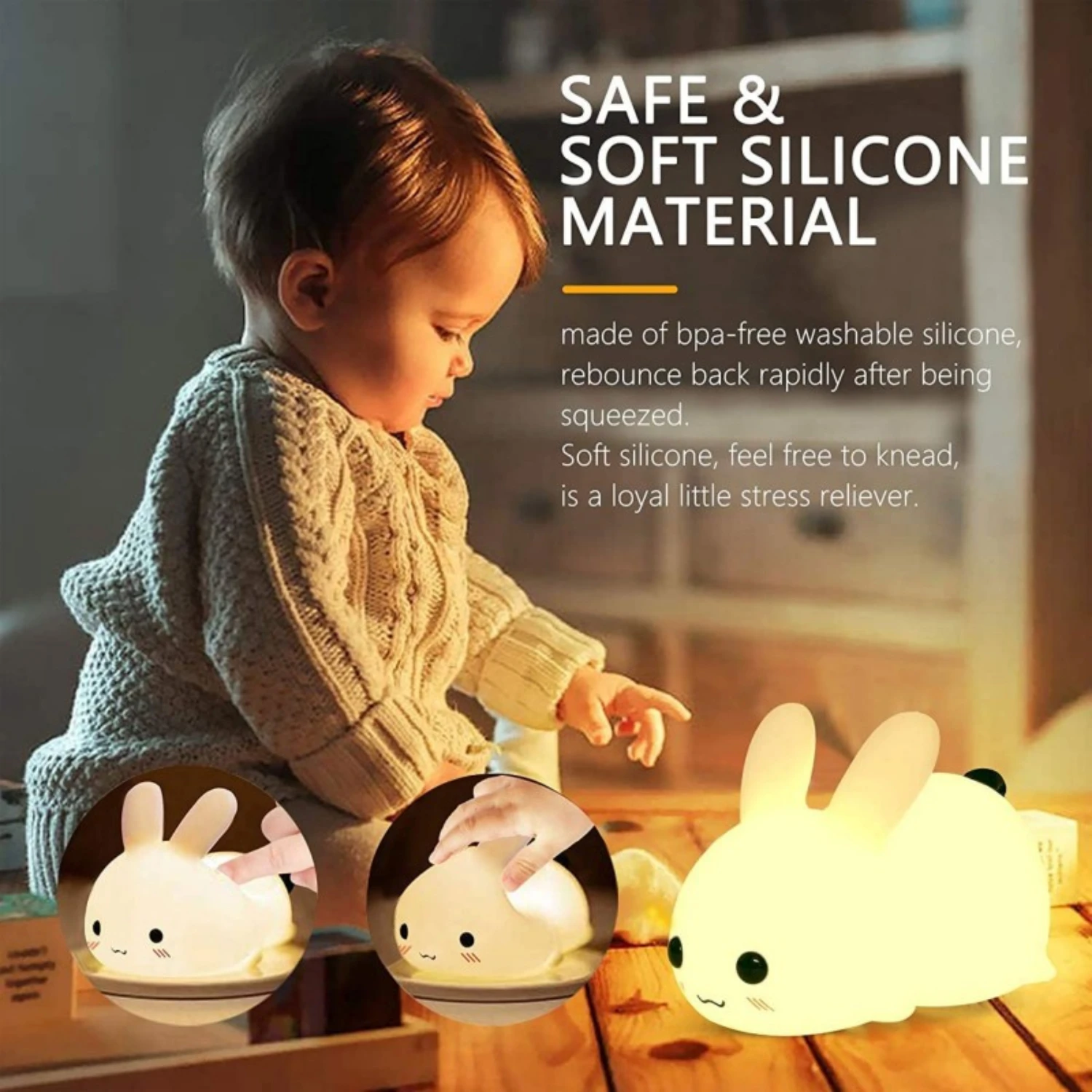 New Adorable, Cute and Dimmable Rechargeable RGB LED Silicone Rabbit Night Light - Ideal Baby Toy for Kids with Touch Sensor and