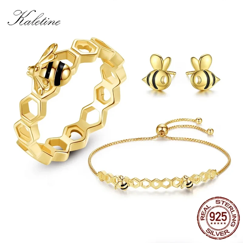 

KALETINE сотовые серьги, браслет, кольца, наборы для женщин и мужчин, ювелирные изделия из стерлингового серебра 925 пробы, роскошные комплекты ювелирных изделий из желтого золота с пчелой