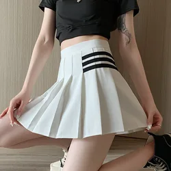 Polyester Pleated Skirt Women's A-line High Waisted New Pleated Half Skirt Fresh Sweet Zipper Striped College Style Short Skirt