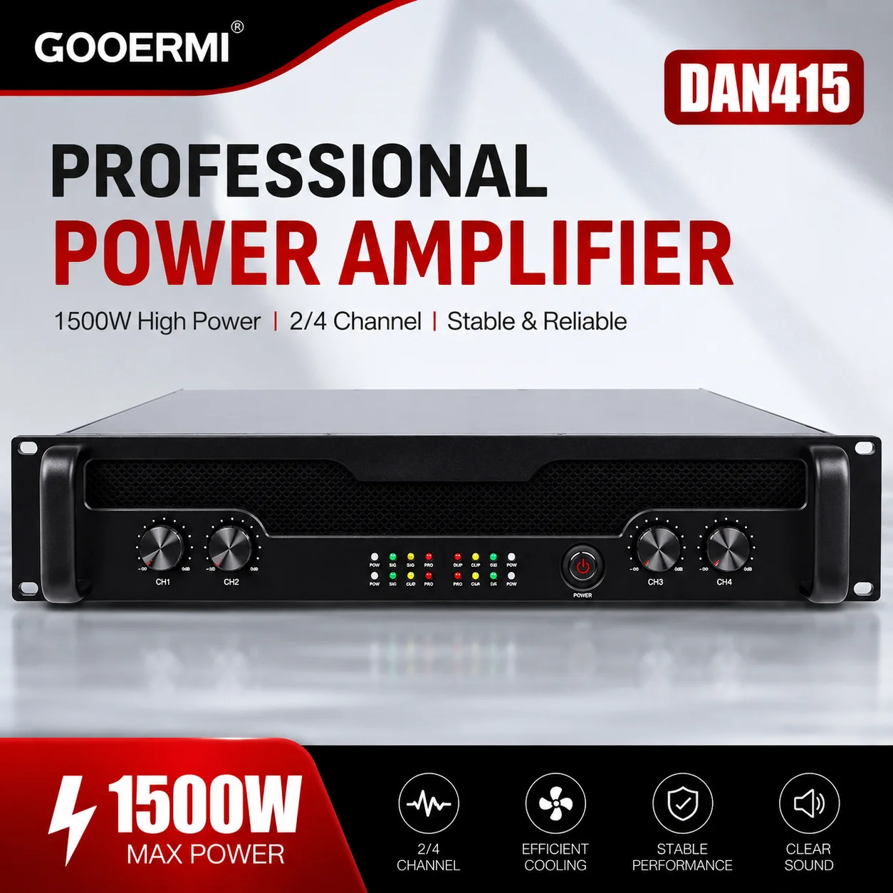 

GOOERMI DAN415 Professional Power Amplifier 1500W 2/4 Channel Audio Amplifier 110V/220V DJ Stage KTV PA Sound System