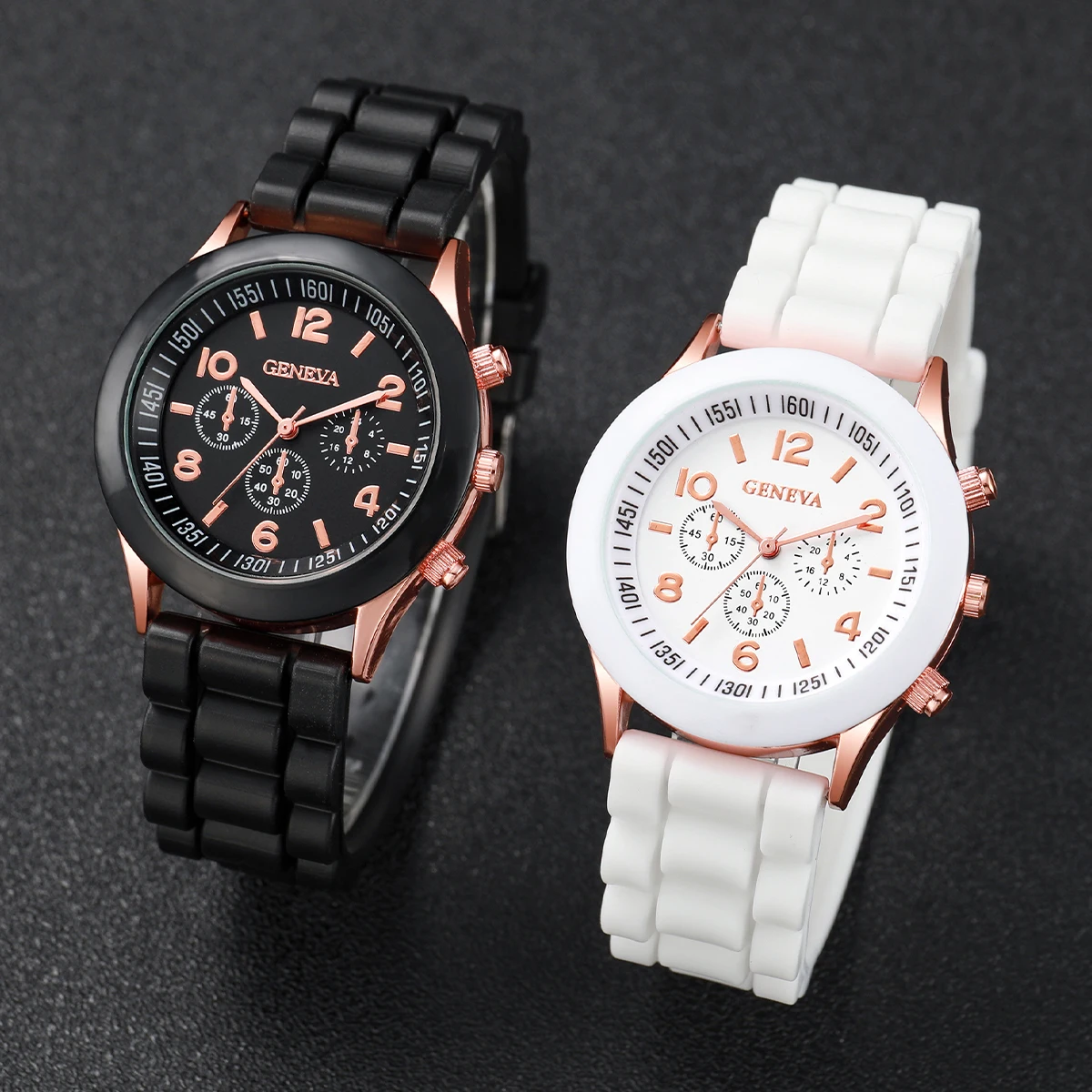 4PCS/Set Women\'s Fashion Watch Silicone Strap Couple Quartz Watch With Black White Bagua Beaded Bracelet