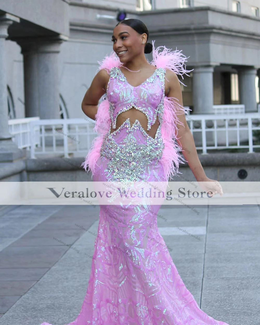 Princess Pink Collection Prom Dresses Mermaid With Feathers 2022 Glitter Evening Gowns Party Dress Vestidos De Fiesta