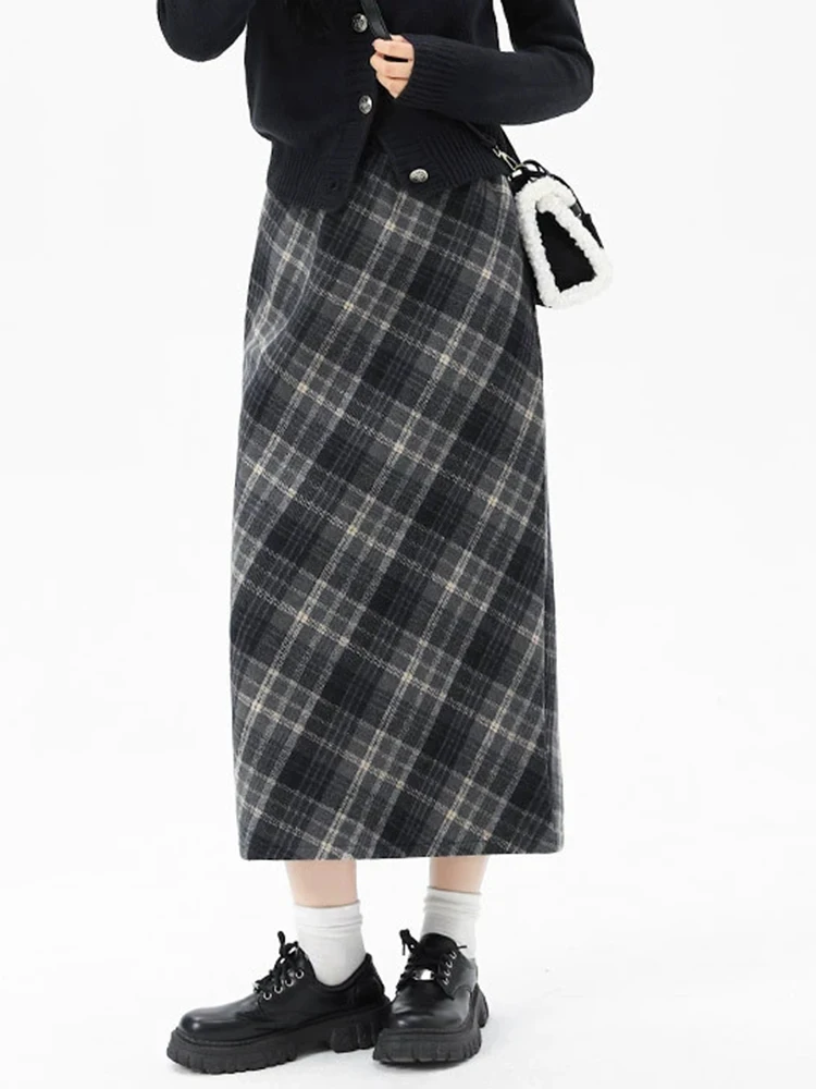

Vintage Plaid Wool Skirt Women Autumn Winter New High Waist Slim A Line Skirts Japanese Casual Retro Female All Match Skirt