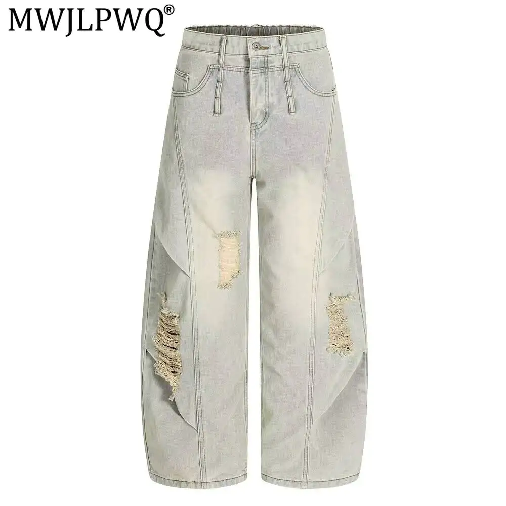 MWJLPWQ Ripped Washed Distressed Casual Jeans Men's Punk Deconstructed Pleated Design 2026 Autumn Loose Curved-Leg Pants 15104