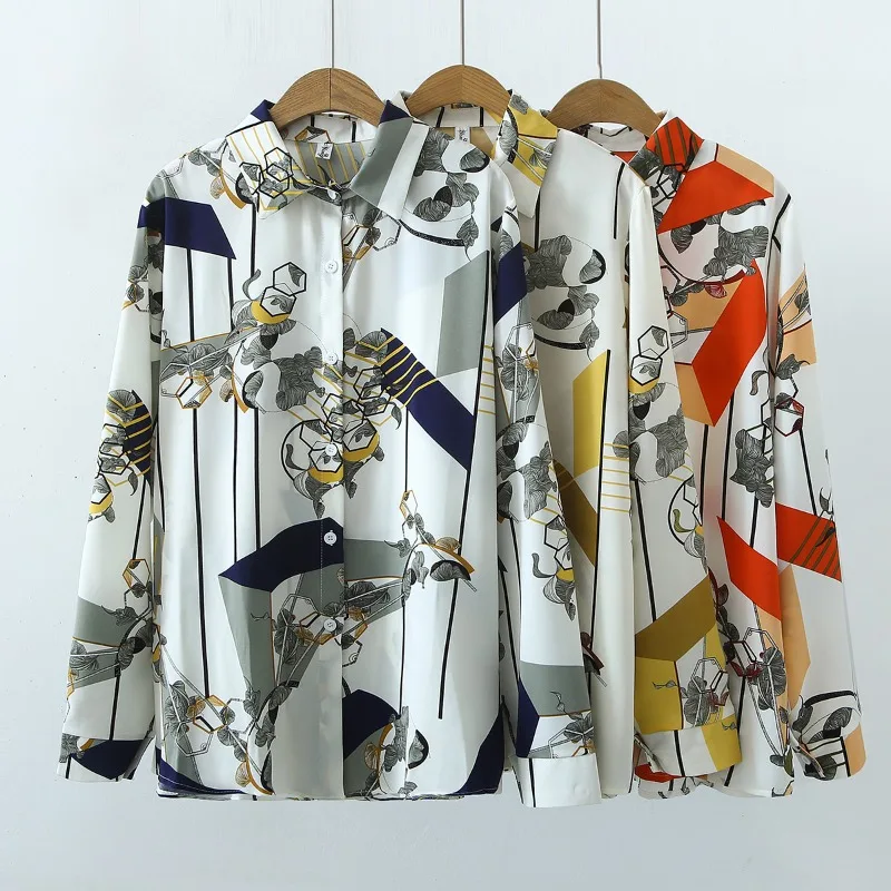 

2023 Long Sleeve Chiffon Print Shirt Women Autumn Turn Down Collar Button Blouse New Blusas Casual Tops Loose Clothes 29342