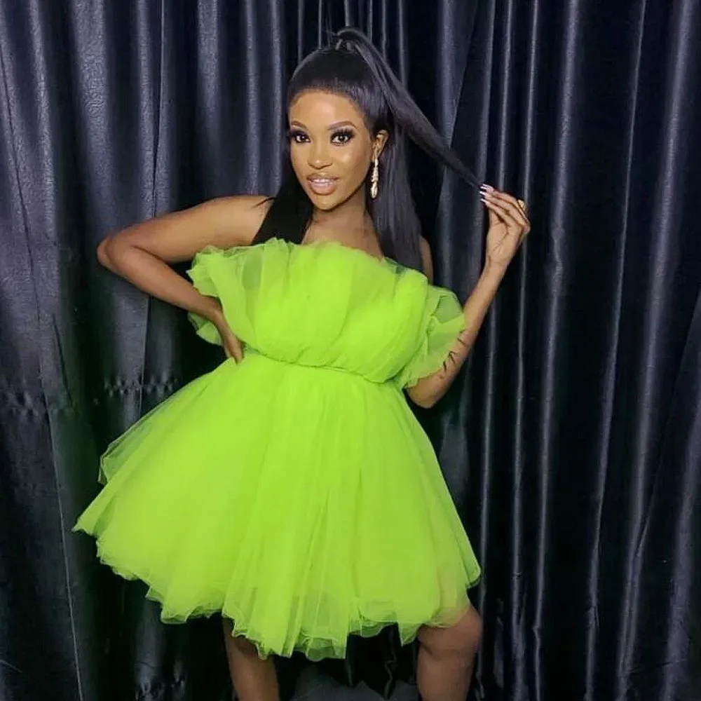 Fluorescent Green Spring Summer Tulle Dresses Strapless Mini Above Knee Birthday Party Gowns For Photo Shoots