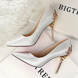 2024 Spring Women Shoes Pointed Toe Pumps 10CM Thin High Heels Boat Shoes Flock Frosted Metal Hollow Dress Wedding Shoes