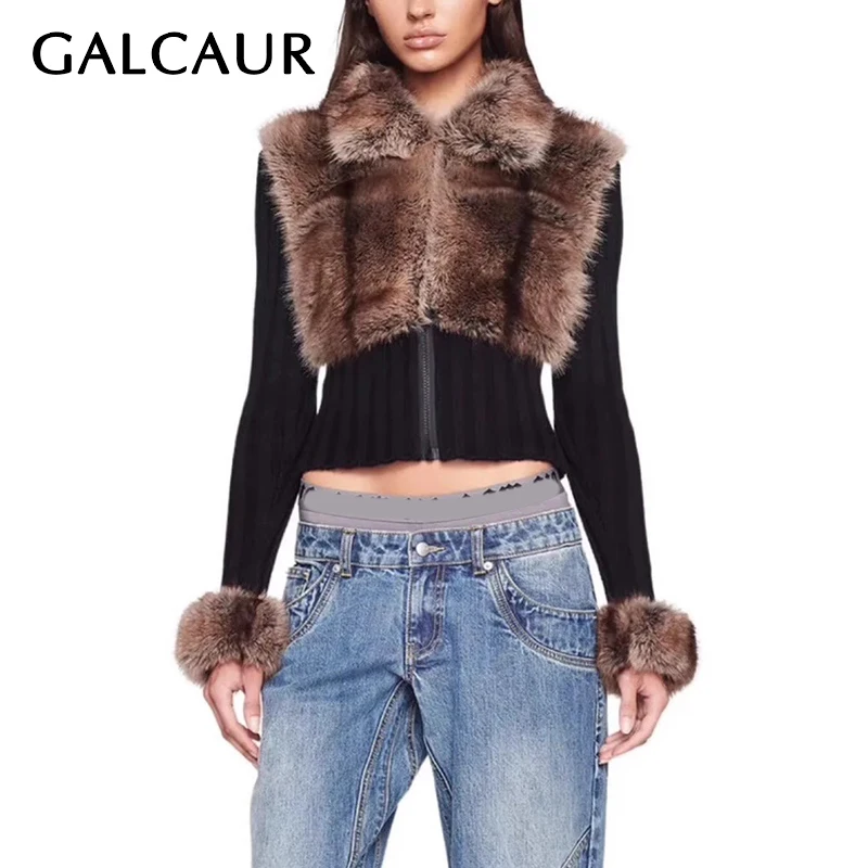 

GALCAUR Motorcycle Patchwork Fur Short Jackets For Women Lapel Long Sleeve Tunic Spliced Zipper Streetwear Coats Female Clothing