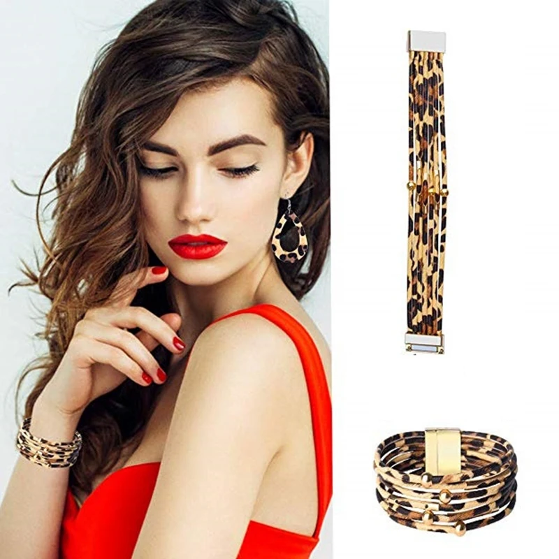 10 Pcs Leopard Jewelry Set For Women Leopard Earrings Leopard Leather Bracelet Acrylic Hoop Drop Dangle Earrings Long Tassel Leo