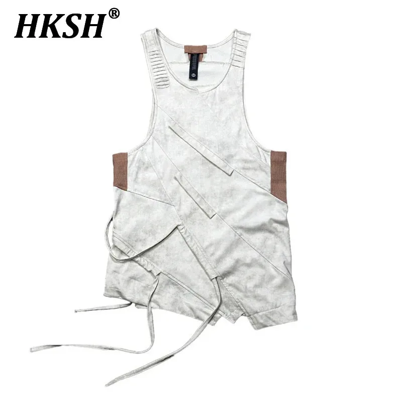 HKSH Waste Land Deconstructed Asymmetric Tank Top Cotton Vest Waxed Dyed Worn Out Water Washing Tassel Sleeveless T-shirt HK1627