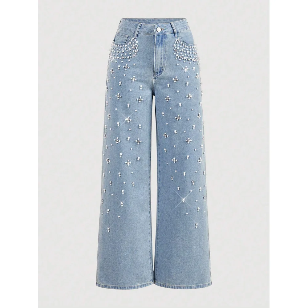 Women Beaded Decor Straight Leg Jeans, Casual Loose Slim Fit Denim Long Pants European American Hot Sale