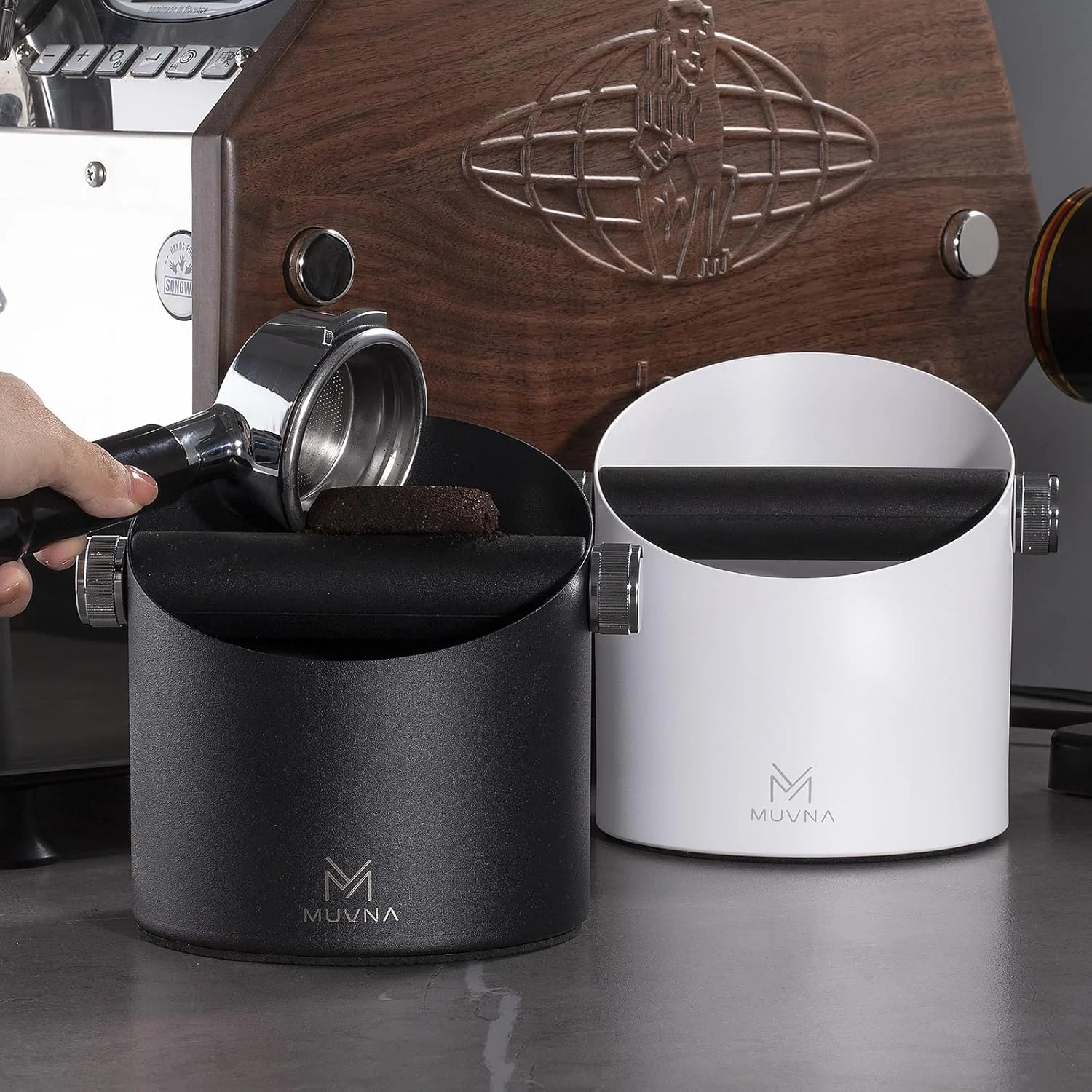 

MUVNA Espresso Стук из нержавеющей стали, Стук для кофейной гущи со съемным ударным стержнем, нескользящее основание (белый/черный)