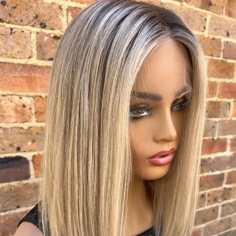 

13x4 Ombre Blonde Brown Highlights Synthetic HD Lace Front Wig Preplucked Hairline Short Straight Bob For Women Premium Fibre
