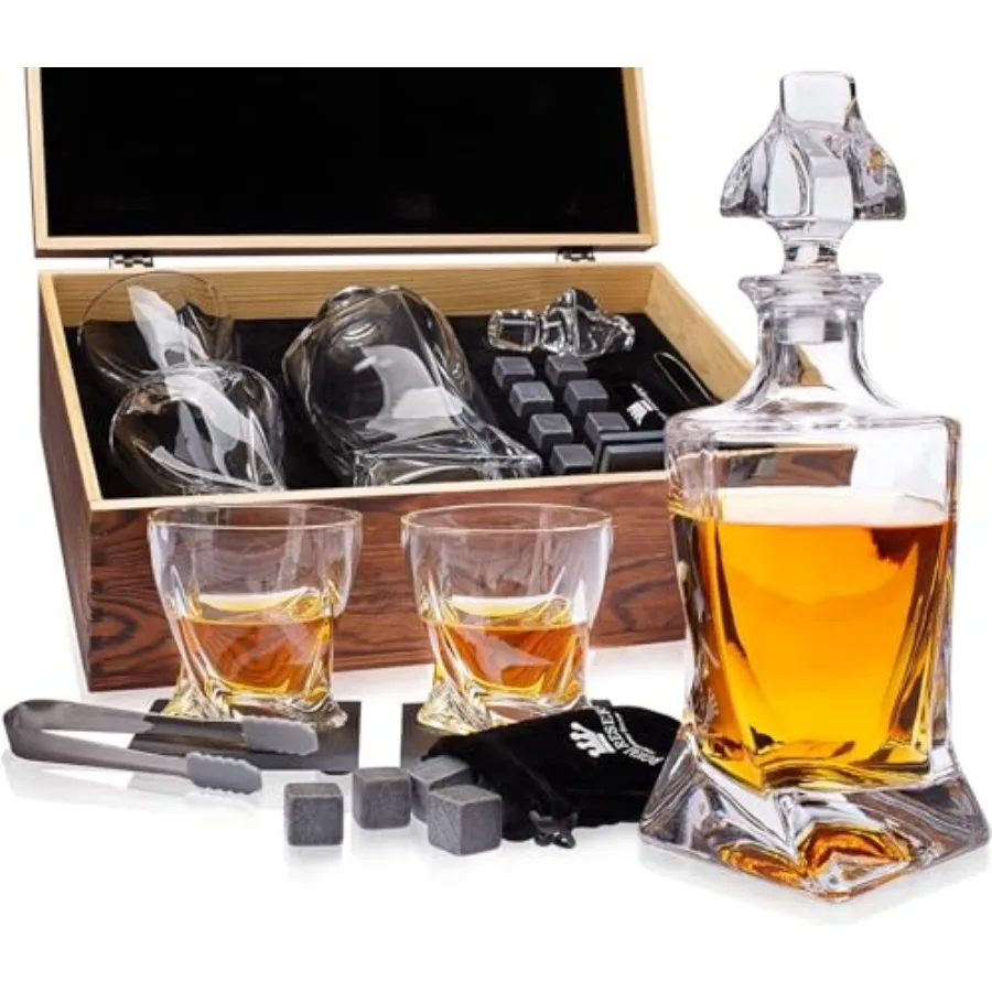 

Набор для виски Whiskey Gifts Set - Декантер для бурбона Twisted 24 унции с бокалами, камнями для виски, подставками и щипцами. Подарок на день рождения.