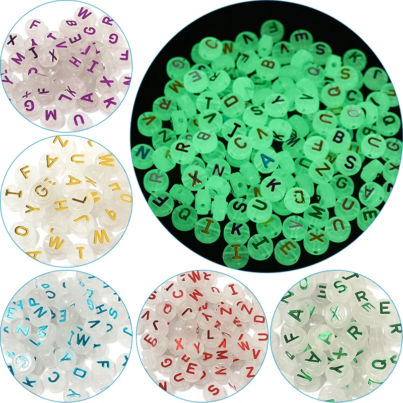 100 stücke 10mm Acryl Leuchtende Buchstaben Perlen Weihnachten Flache Runde Lose Alphabet Perlen Für Schmuck Machen DIY Armbänder Zubehör