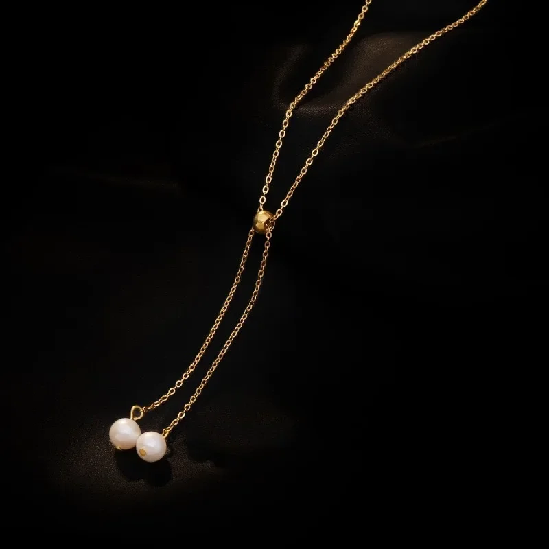 ALLNEWME French  Gold Plated Copper Baroque Freshwater Pearl Long Tassel Thin O-chain Pendant Choker Necklaces for Women Girl