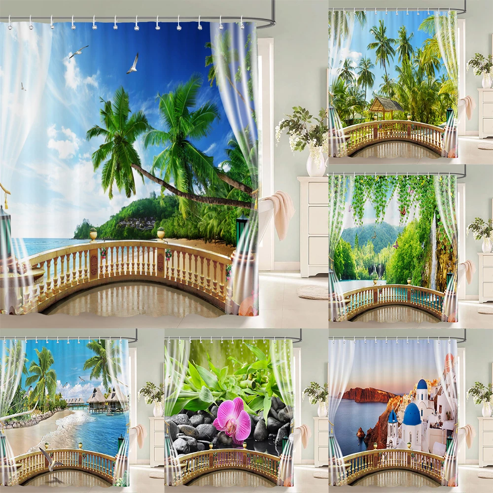 Outside the Window Seaside Scenic Beach Shower Curtains Bathroom Curtain Frabic Waterproof Bath Curtains for Bathroom 180x180cm