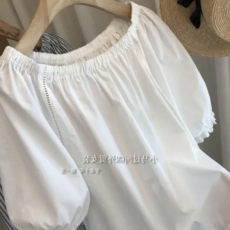 One Line Neck Embroidered Shirt For Women'S Summer 2023 New Design Sense Two Wear Elastic Off Shoulder Bubble Sleeves Show A Sli