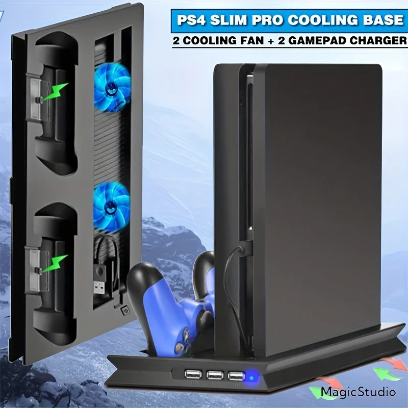 For PS4 Slim / Pro Vertical Cooling Stand Cooler & Dual Joystick USB Charging Station & 3 Extra HUB for Playstation 4 Slim Pro