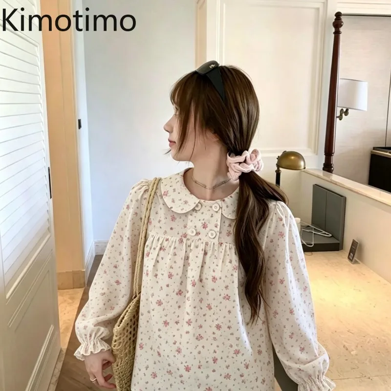 Kimotimo Sweet Floral Print Long Sleeve Shirt Women Korean Chic Buttons Peter Pan Collar Loose Tops Autumn Fashion Y2k Blouses