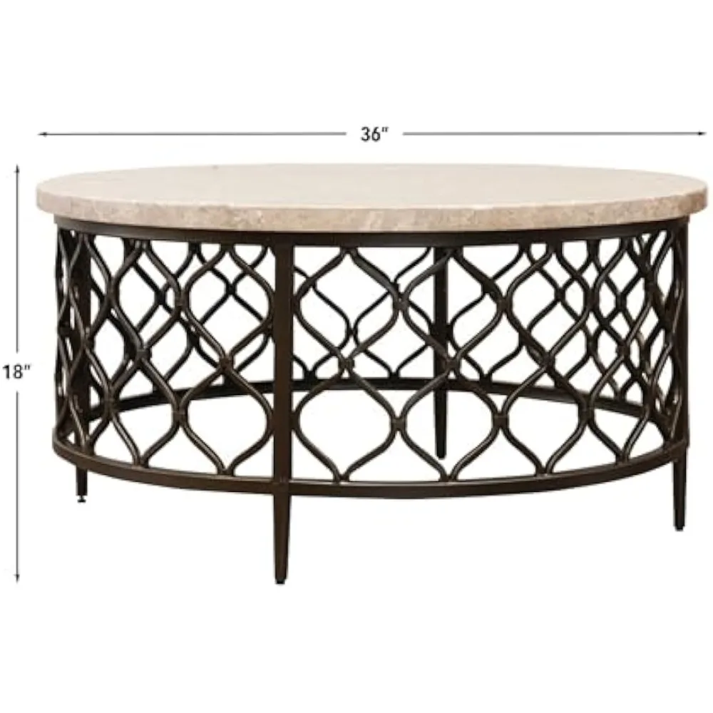 가구 롤랜드 라운드 대리석 커피 테이블, 36인치 라운드 커피 테이블, 청동 금속 베이스, 현대적인 디자인, 거실 Ro