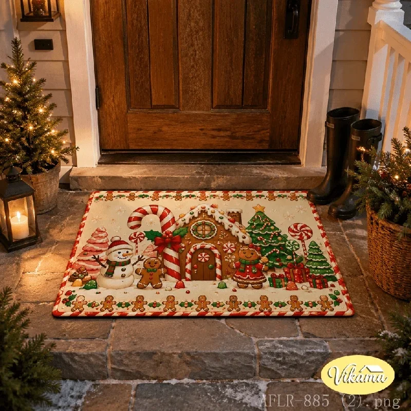 VIKAMA Merry Christmas Doormat, Santa Train Snowy Town Snowman Gingerbread Man Design Non Slip Rug for Home Holiday Decor