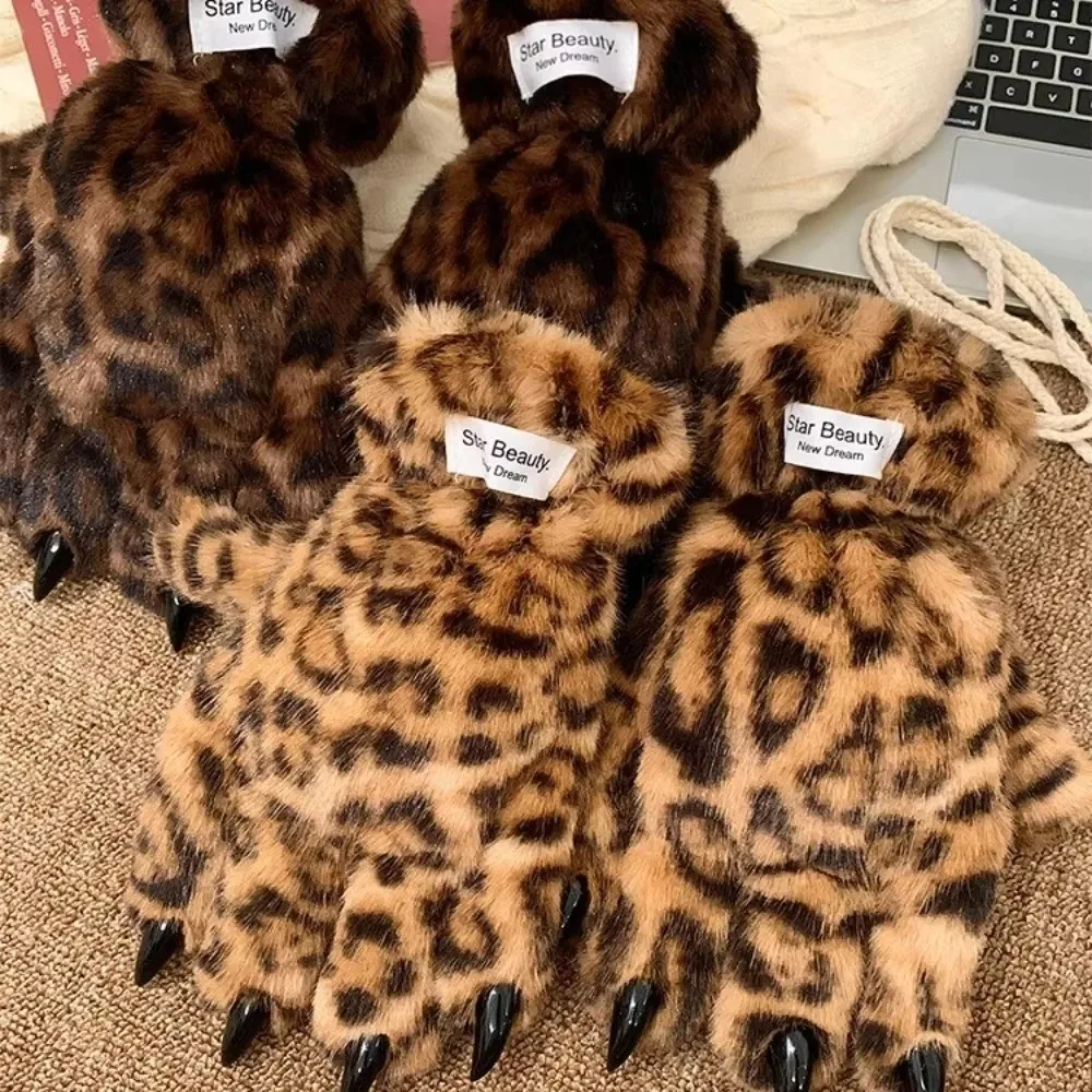 Gants en fourrure chauds d'hiver, accessoires de cosplay cool pour filles, gants à griffes de tigre, gants épais à imprimé léopard, gants à cinq doigts pour femmes, cadeau