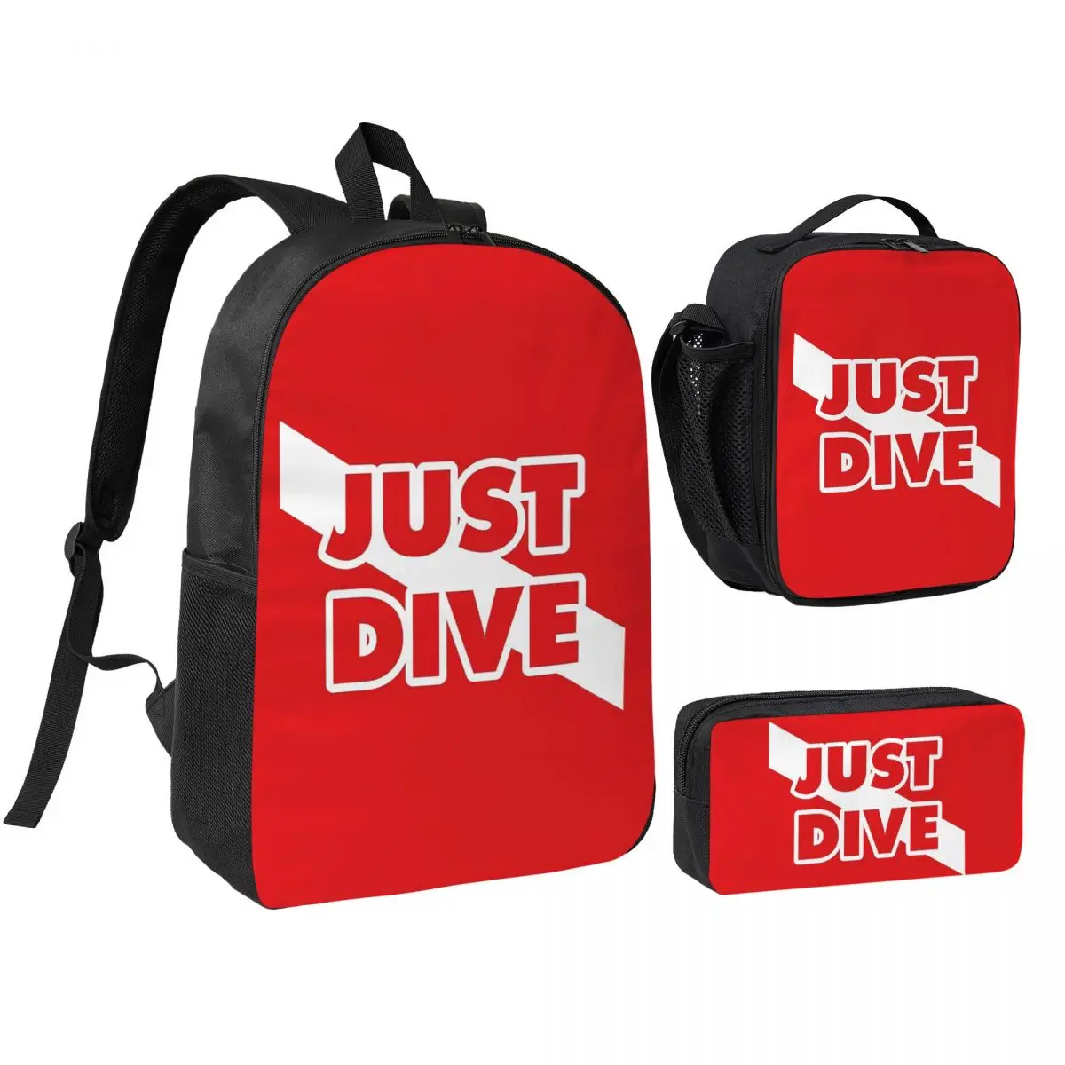 

Just Dive, Scuba Diving Flag Backpack Student BookBag School Bag Shoulder Bags 3ps Insulated Lunch Bag Pencil Case