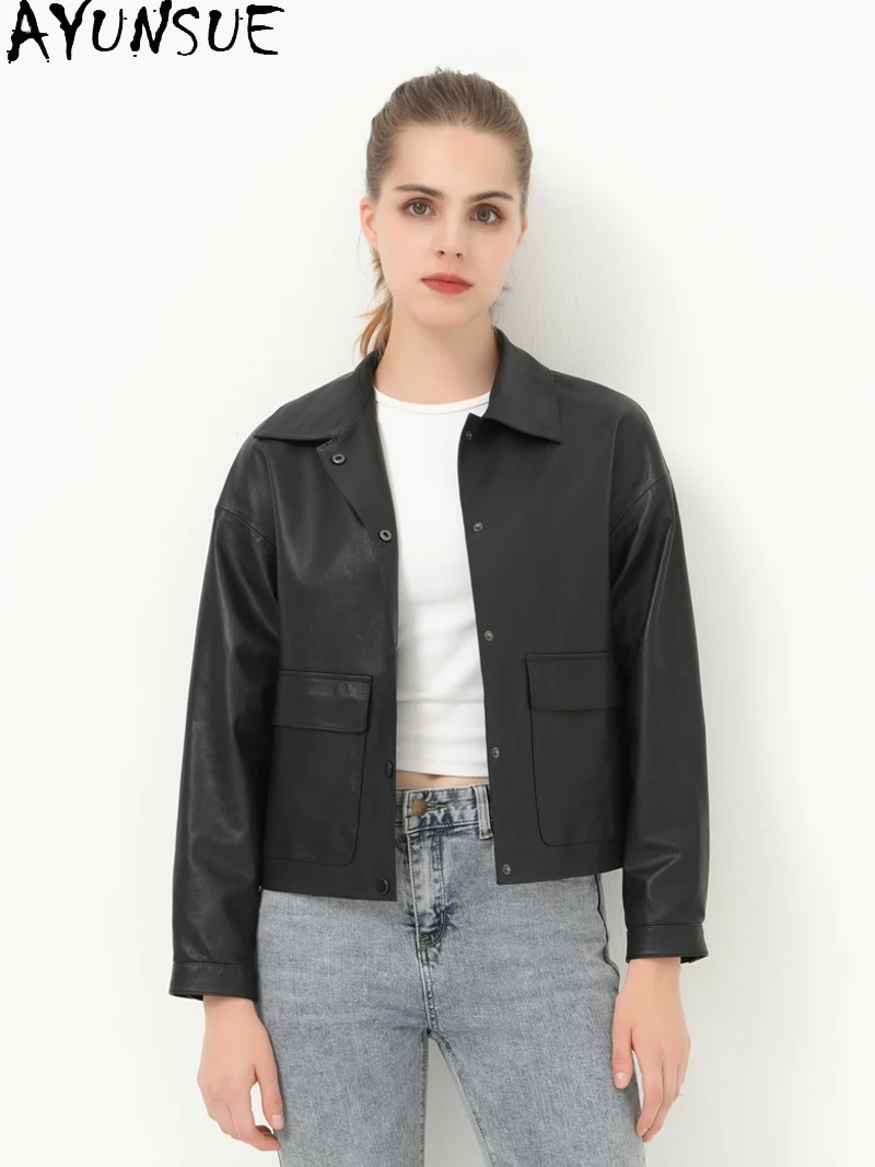 

AYUNSUE Женская куртка из натуральной кожи 2025 Черная овчина Женские пальто Новая верхняя одежда Весенне-осенняя одежда Косуха Женская