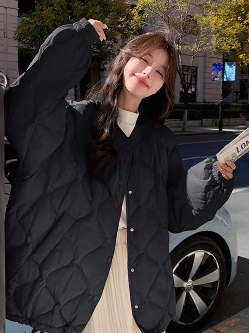 Diamond Grid Down Jacket Light And Thin Winter Short Korean Style Lazy Purple Thick Coat Casual Loose Outerwear w708