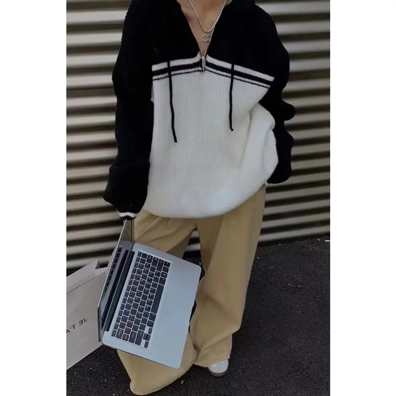 

Women Clothing Oversized Cardigan Jackets Sueter Mujer Contrast Color Casual Zipper Pull Femme Fashion Knitted Sweater Tops