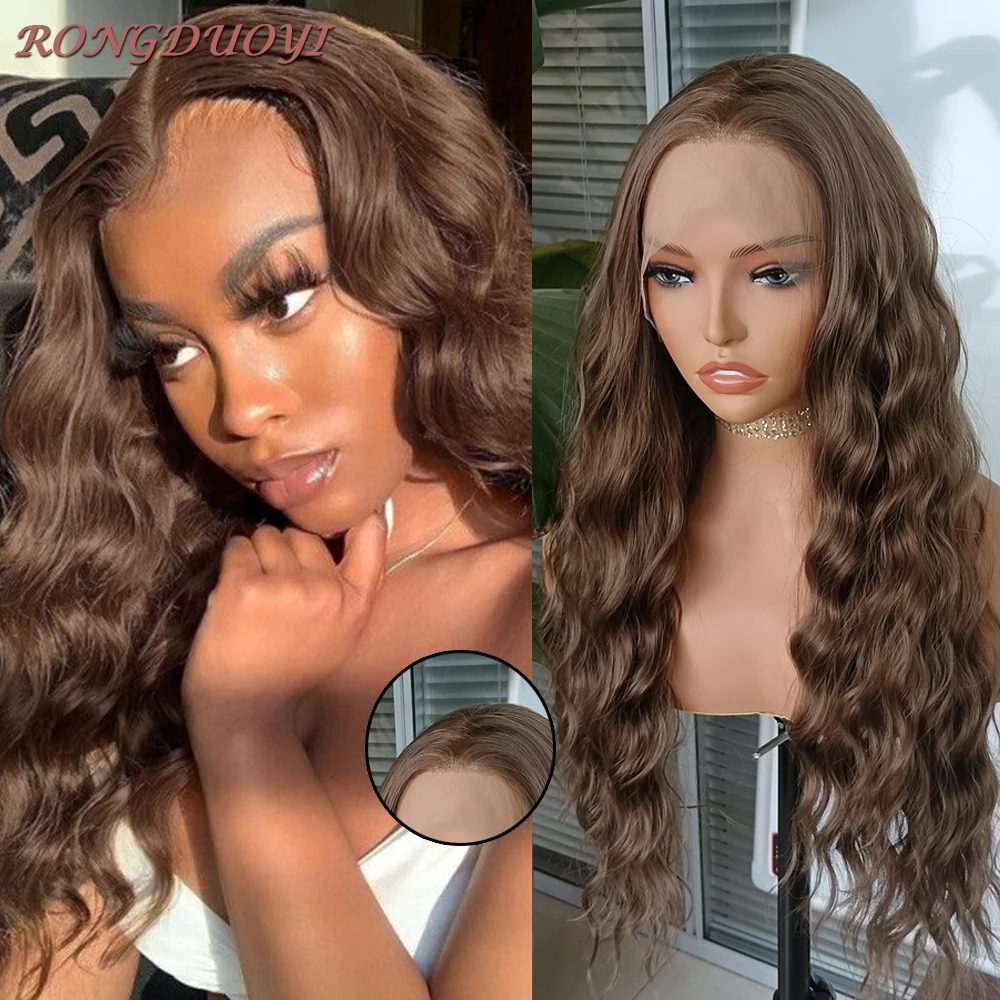 

RONGDUOYI Brown Curly Wig Lace Front Wig For Women Synthetic Heat Resistant Fiber Wave Wigs Natural Hairline Middle Part Makeup