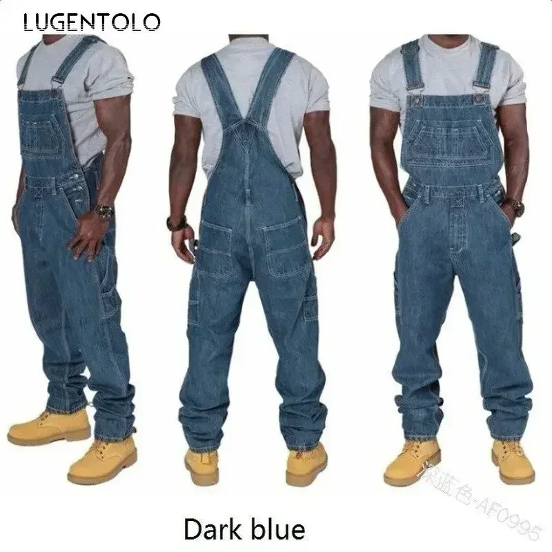 Lugentolo Overalls Jeans Men Large Size Spring Fashion Loose Straight Multi-pocket Denim Trousers