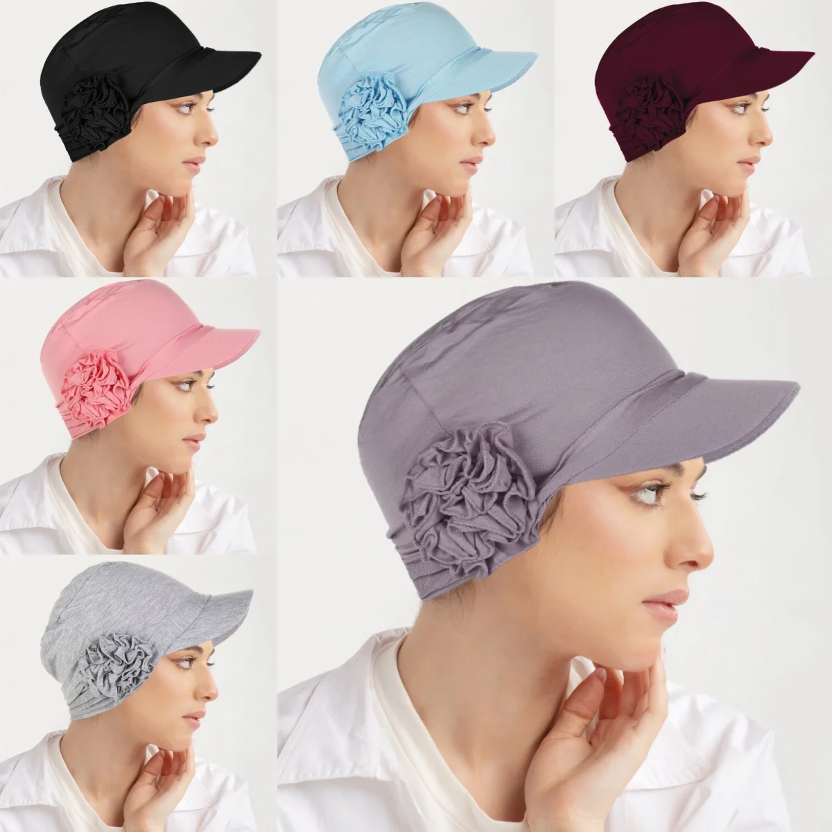 

New Ladies Beret Hat Women Hijabs Side Delicate Flower Peaked Cap Hat Solid Color Muslim Fashion Turban Bandanas
