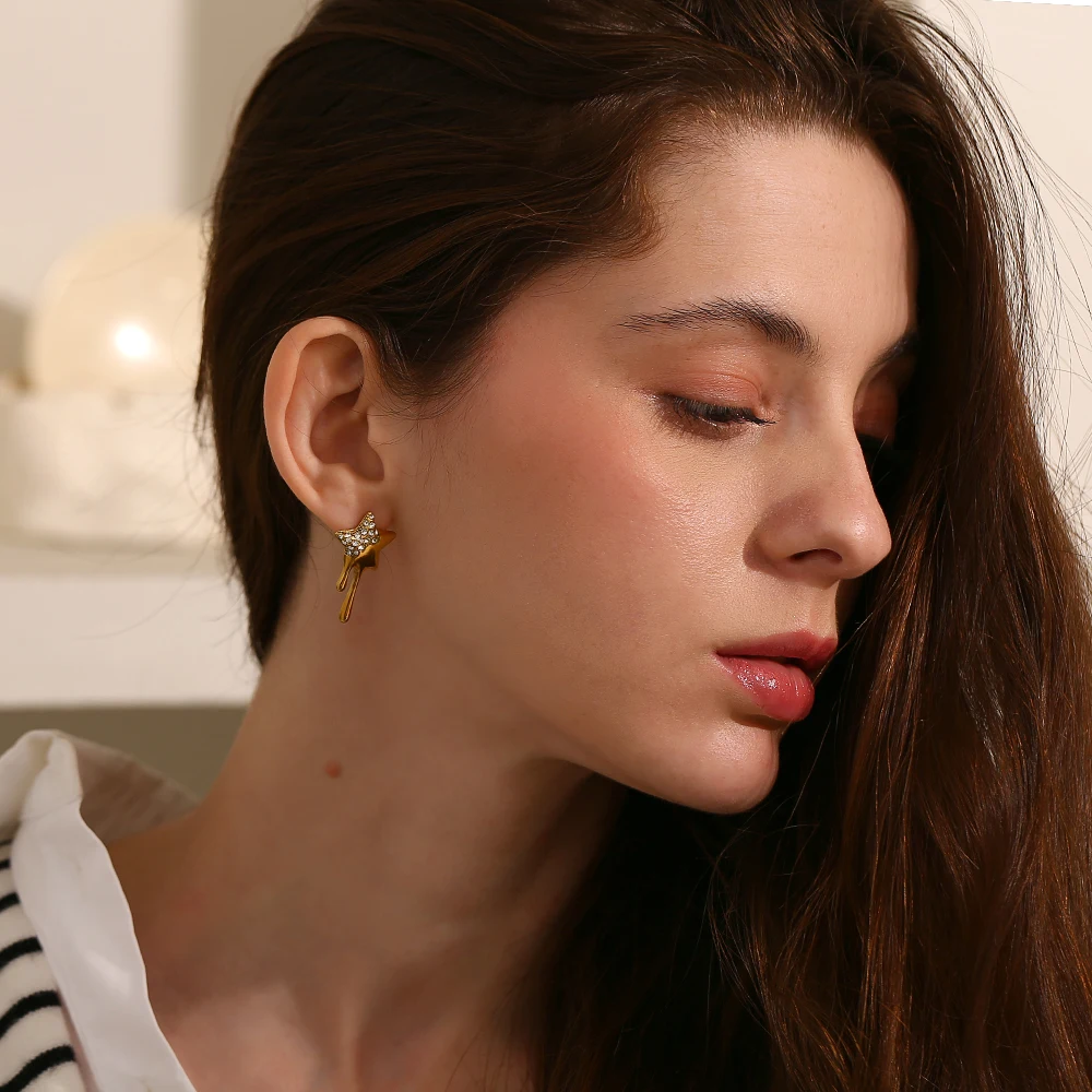 MamacitaSlay Sweet Sparking Gold Plated silver Color Star Stainless steel earrings woman Daily Waterproof Jewelry choice items