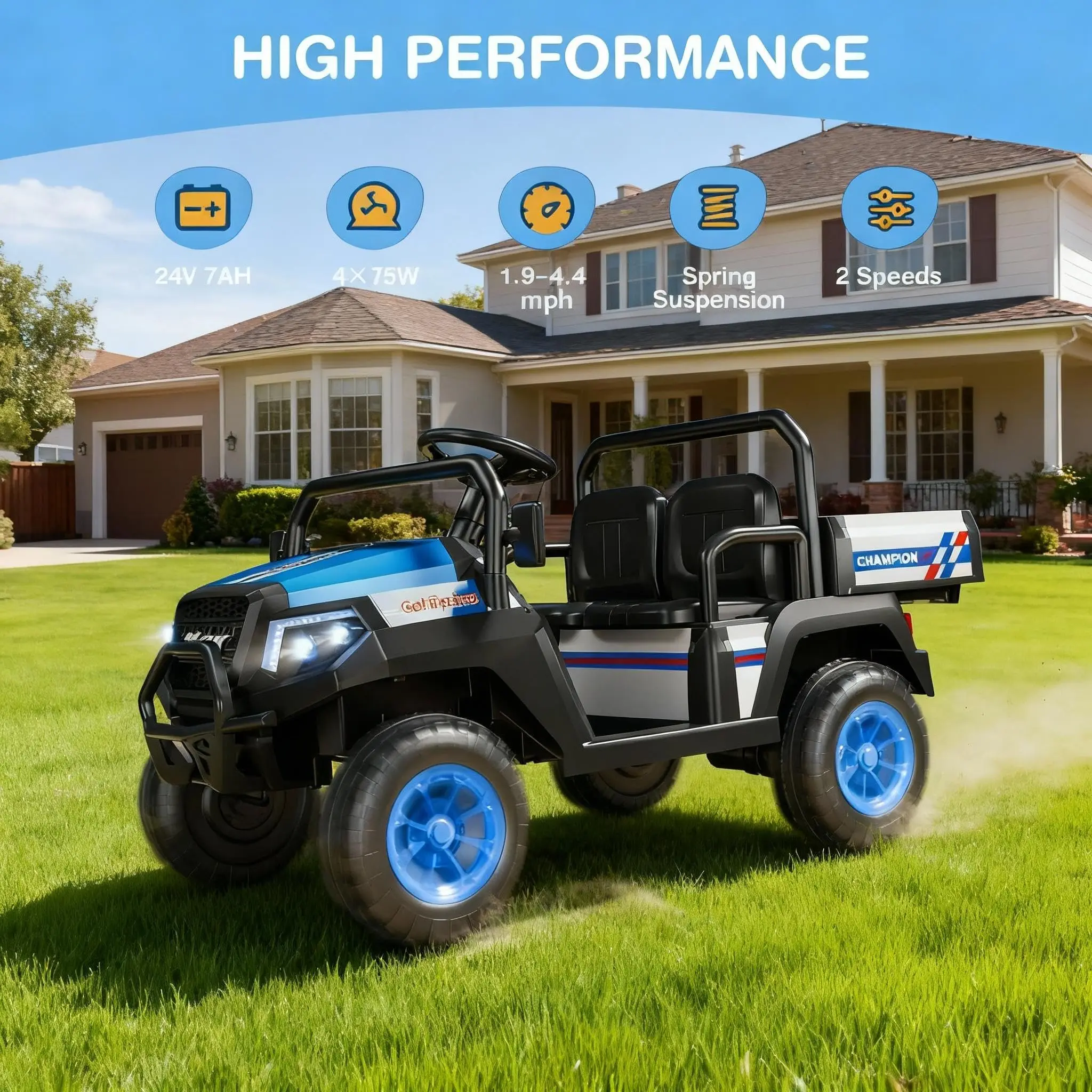 ركوب السيارة LIGIANT 24V 4WD، UTV كهربائي بمقعدين مع جهاز تحكم عن بعد، سرير صندوق السيارة، مجرفة، عرض البطارية، سرعتان، موسيقى، LED، هدية عيد الميلاد