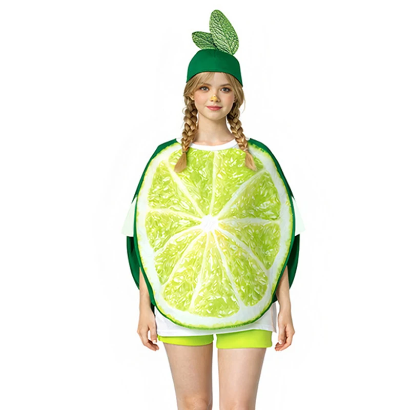 Disfraz de limón verde para mujer con sombrero, disfraz de fruta para adultos, disfraz de rodaja de lima para Halloween