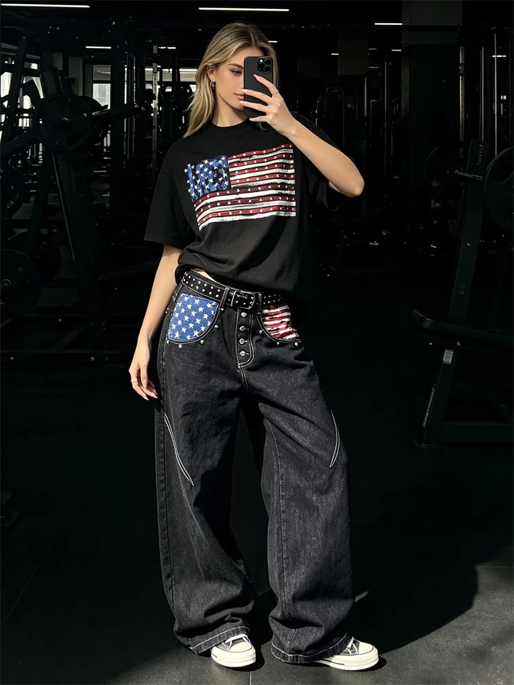 Women's Star Print Pattern Black Jeans Unisex Street Retro Girls Sweatpants High Waist Trousers Female Casual Wide Leg Bottoms