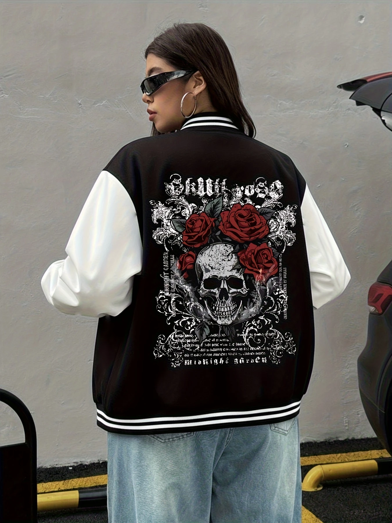 Skull Print Women's -Lined Baseball Jacket with Snap Buttons, Autumn/Winter Casual Outdoor Sports Baseball Top for Daily Wear