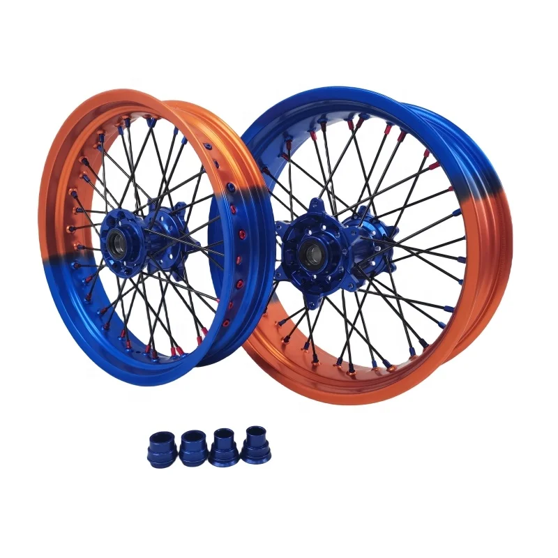 Bi-color 17'' Supermoto Motorcycle Parts Blue and Orange Wheel Set for EXC SXF 125/250/300 EXC 450/500/525 2003-2023