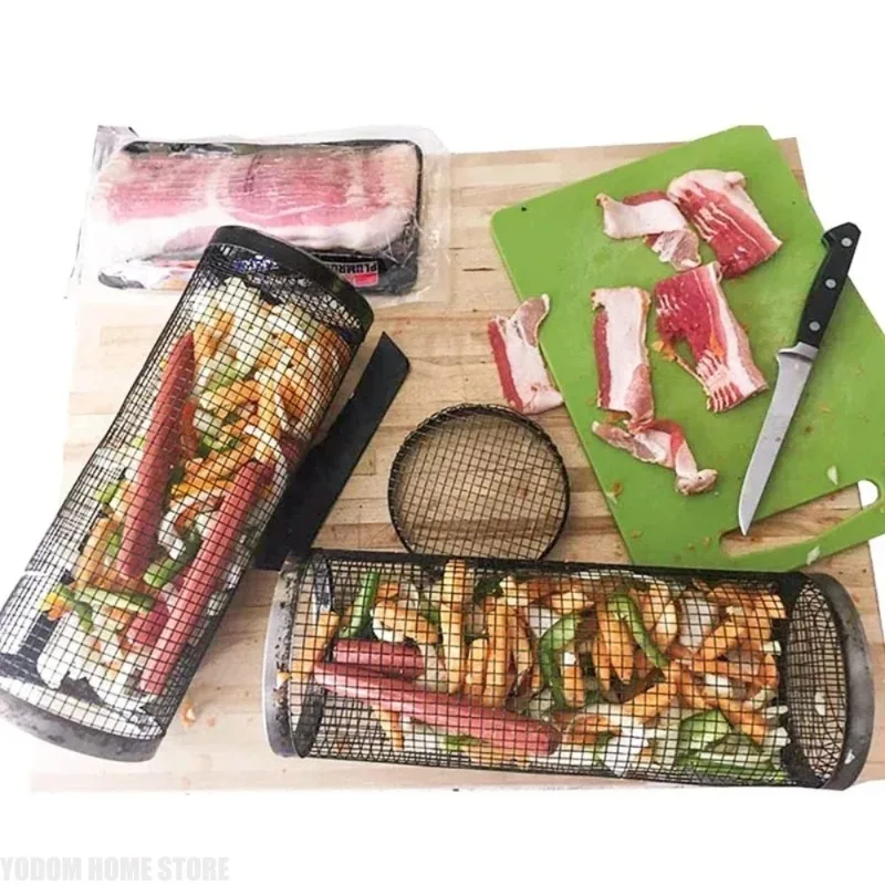 Stainless Steel Cylinder BBQ Grilling Basket Portable Round Wire Mesh Barbecue Rack For Outdoor Camping Picnic Cooking