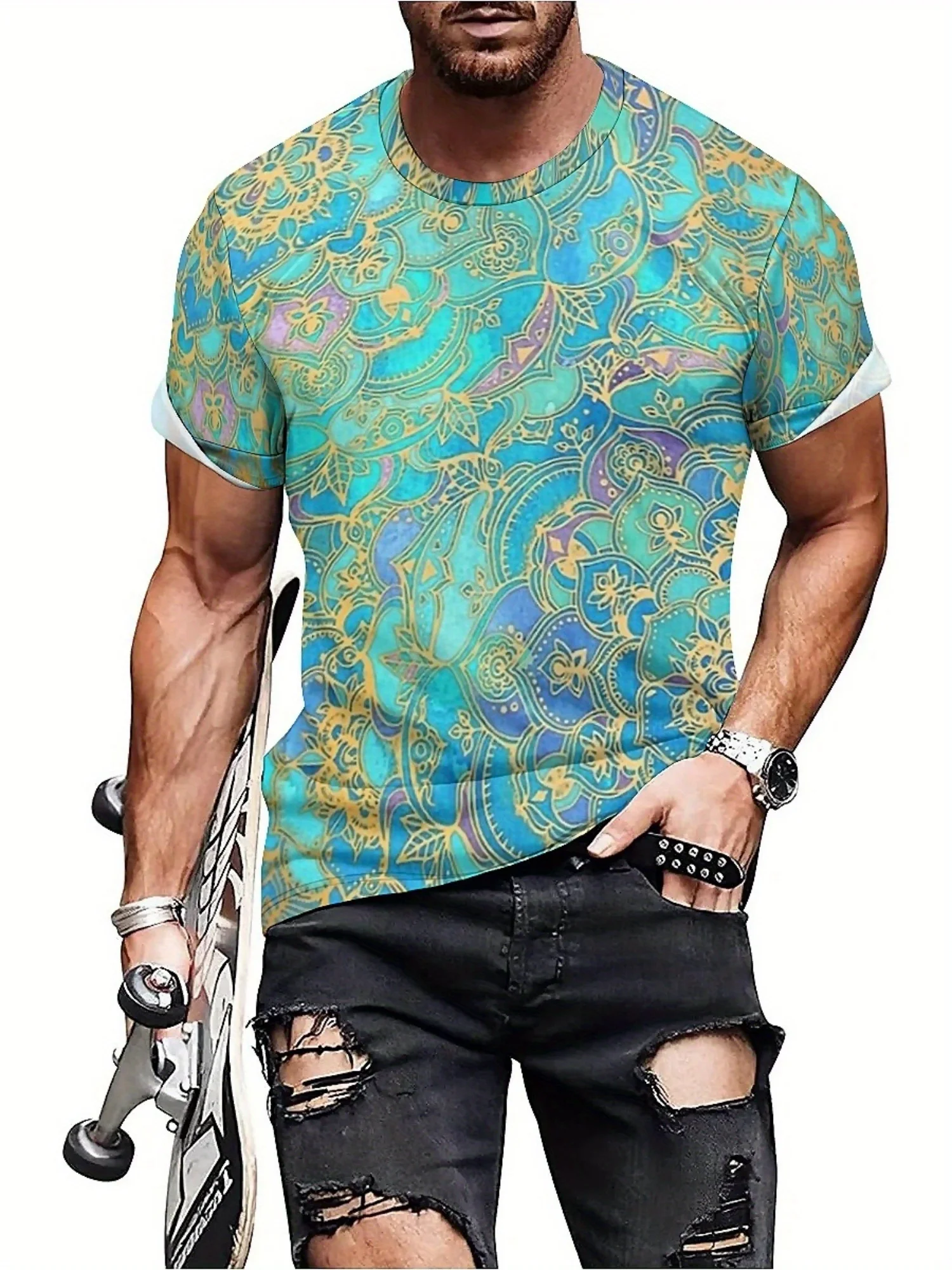 Camiseta masculina plus size com estampa 3D – tecido de poliéster macio e confortável, leve e respirável, azul vibrante e geométrico dourado