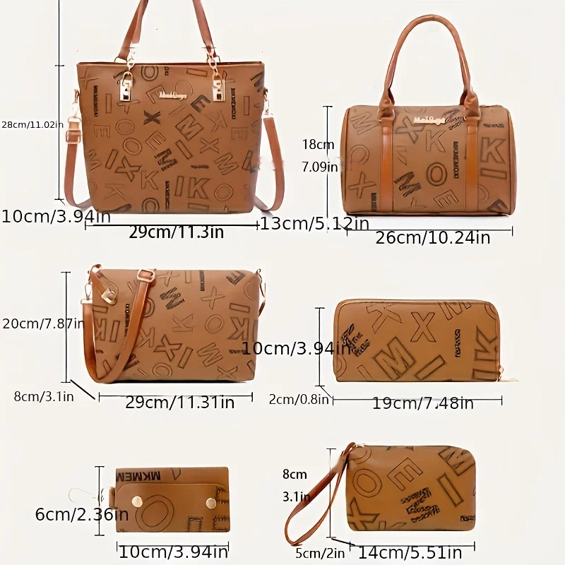 6pcs Women Retro Letter Print Shoulder Bag Suit Fashion Handbag Wallet Key Bags Multifunctional Storage Large Capacity Tote Bags