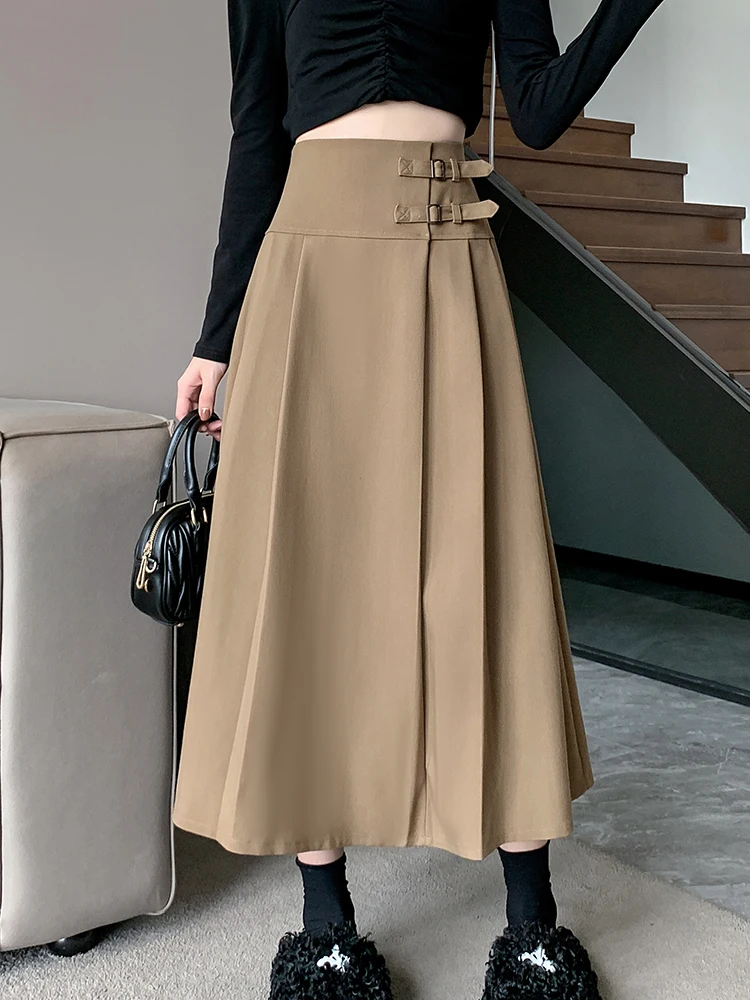 Vintage High Waist A-line Skirt Female Korean Fashion S-XL Black Skirt Temperament Slim Pleated Skirt Side Zipper Office Ladies