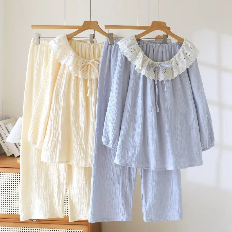 2026 New Spring and Autumn Women's Pajama Set 100% Cotton Crepe Sweet and Cute Lace Collar Large Home Furnishing Clothing