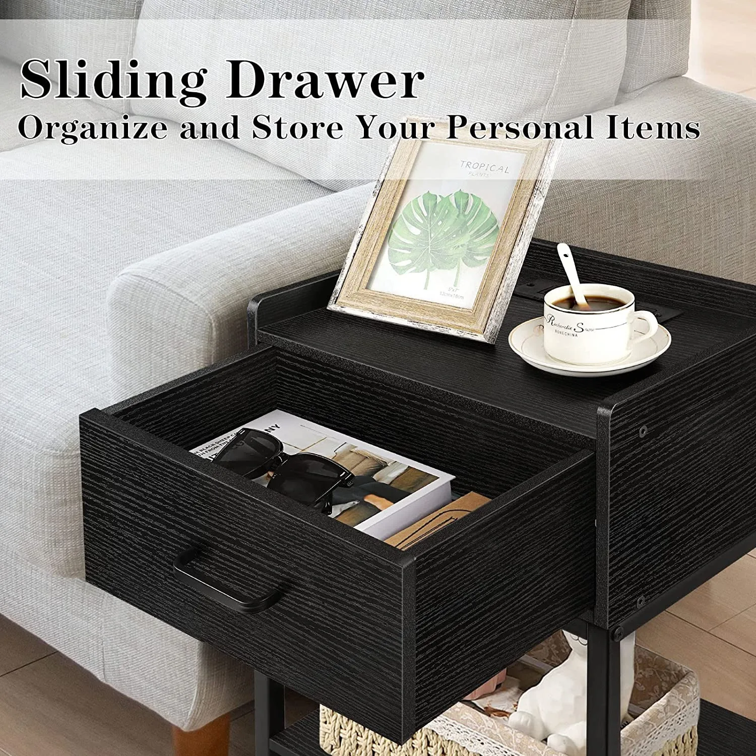 Bedside table with charging station, 2-story side table with drawers and storage rack, easy to assemble