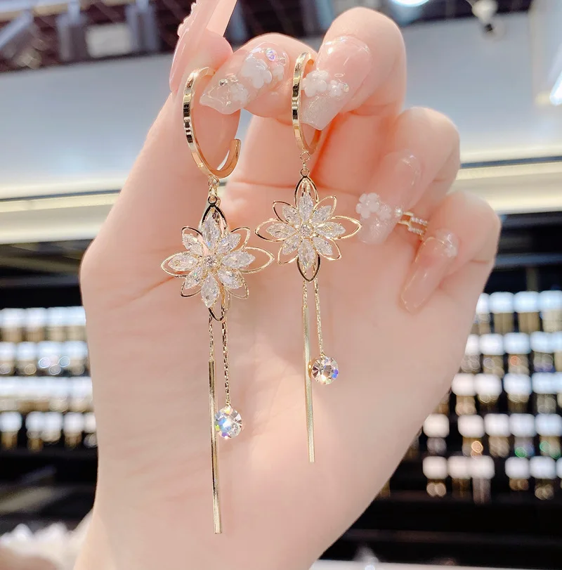 New Trendy Zircon Flower Long Tassel Earrings for Women's Earrings Accessories Luxury Fashion Girls Personality Jewelry Gift