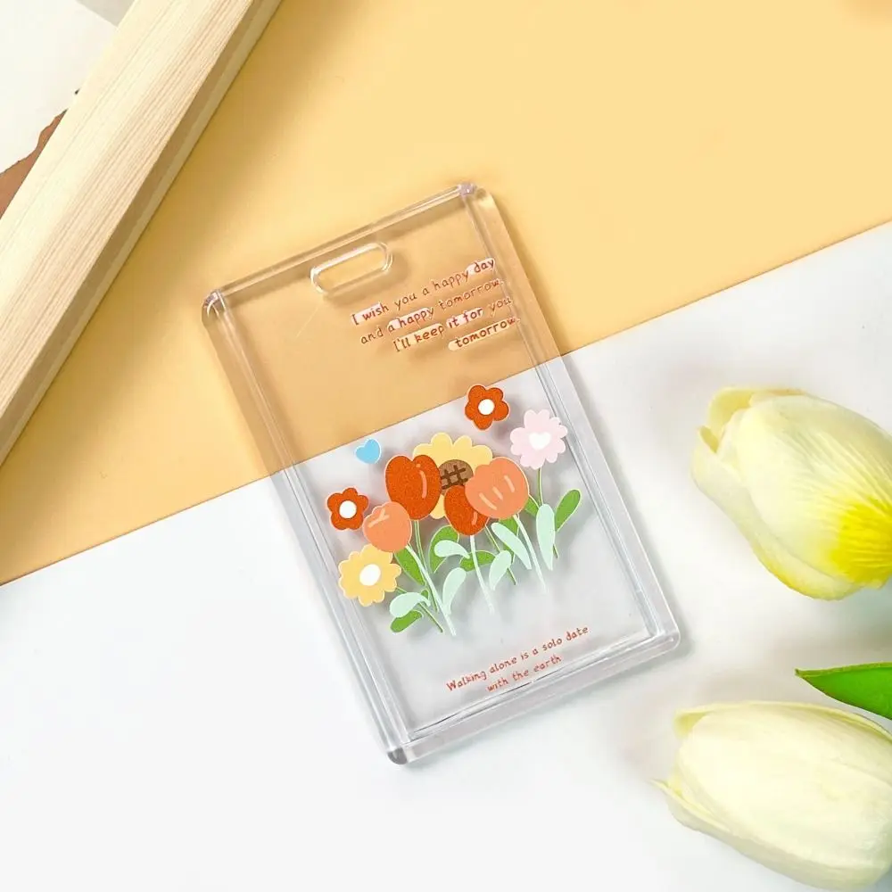 Hanging Neck Transparent Card Holder Keychain Sliding Closure Flower Card Case Double-sided Viewing ID Credit Card Holder