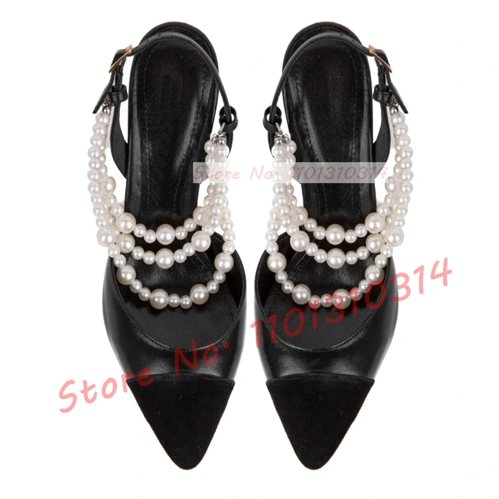 Pearl Chain Back Strap Sandals Women Elegant Black Splicing Pointed Toe Party Dress High Heels Ladies Summer Fashion New Shoes