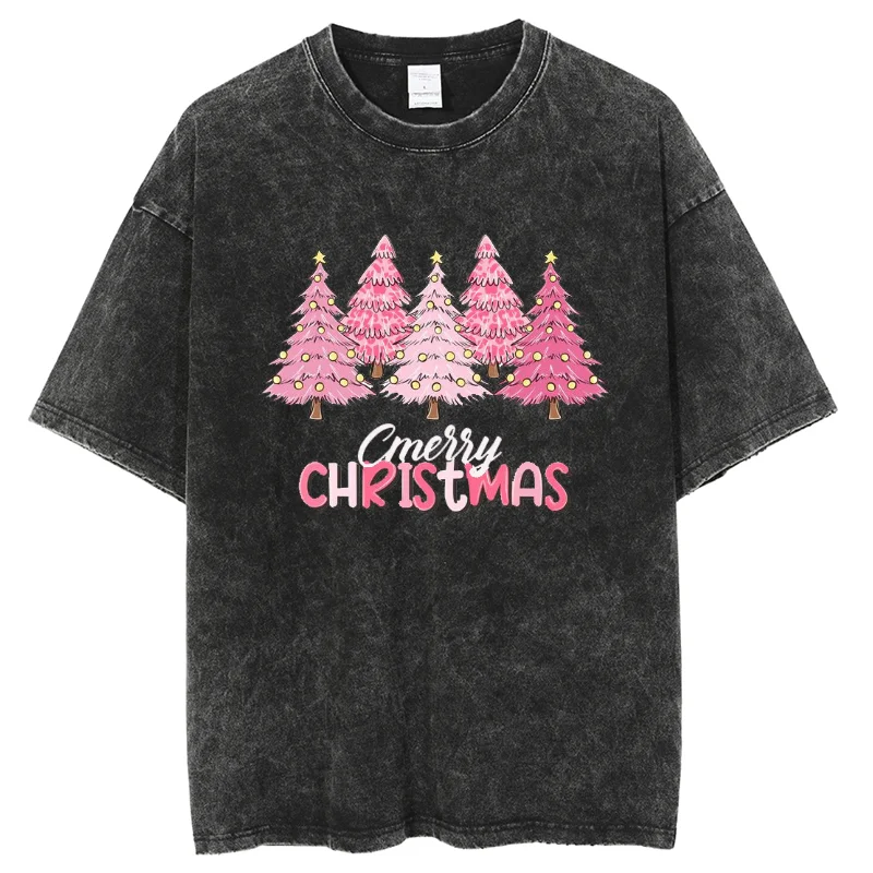 T-shirt da donna con stampa albero di natale rosa estate nuovo Denim lavato oversize manica corta Street Casual Top vendita calda di alta qualità